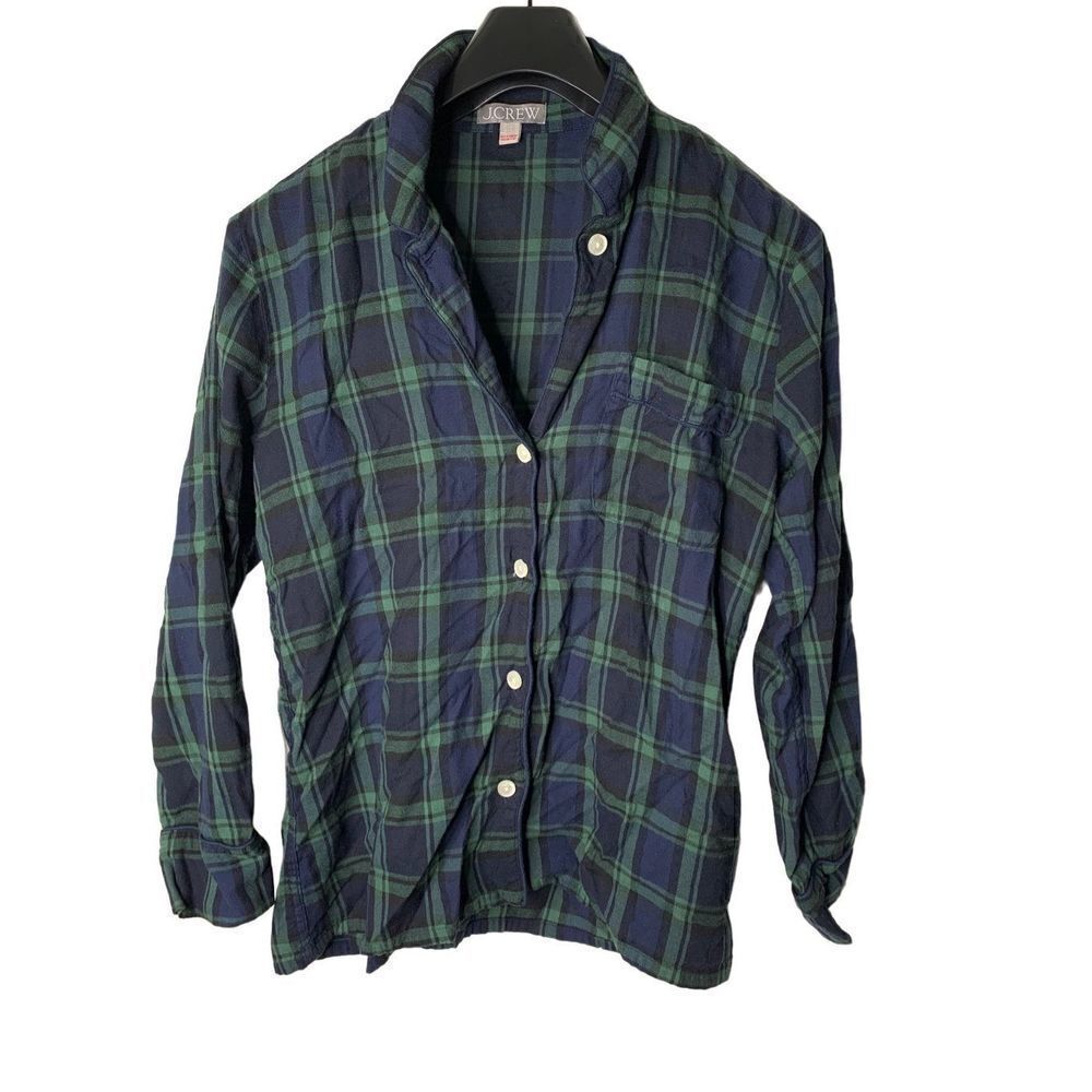 J. Crew flannel pajama top button front blue and green size XS